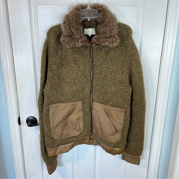 Vanessa Bruno Merino Wool Blend Faux Fur Collar Knit Brown Sweater Coat - Picture 2 of 12